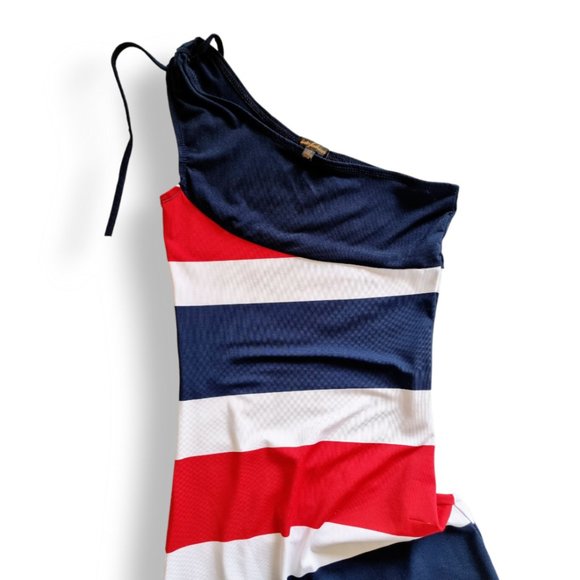 Y2k, dark blue, red + white one-shoulder maxi dress XS fits AU 4, 6, 8 - Picture 8 of 10